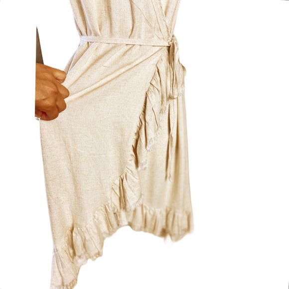 Resort Midi Wrap Dress by T. ZOVICH Linen Sleeveless Beige Raw Hem Ecofriendly - Picture 14 of 16